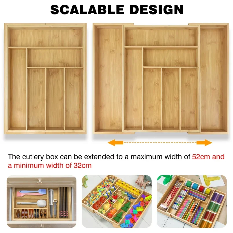 Expandable Bamboo Drawer Organizer 8-Slot Adjustable, Kitchen Utensil Tray, Knife Fork Divider, Eco Cutlery Storage