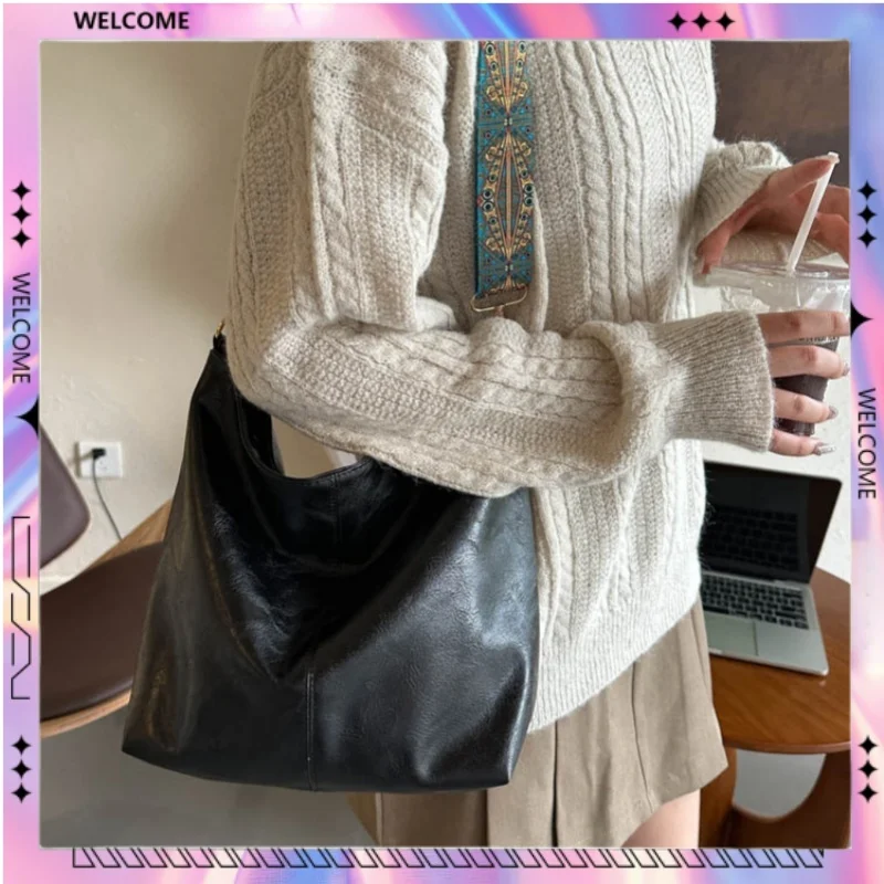 Fashion Women Shoulder Vintage Solid Color Sling Bag Simple Wide Strap Bucket Crossbody Bag High-Capacity Women'S Daily Matching