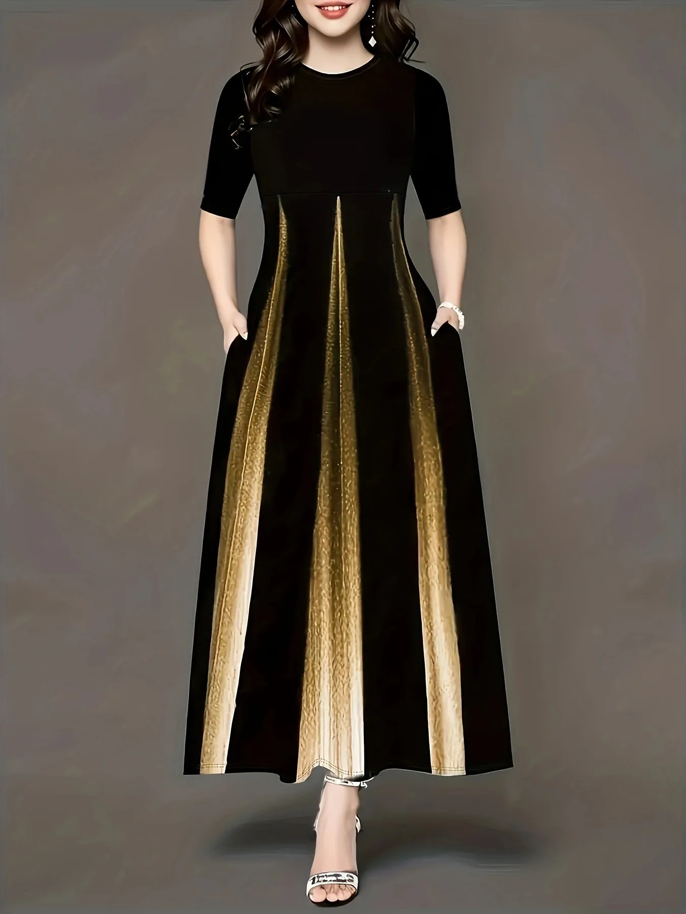 فستان برقبة مستديرة مطبوع عبر الحدود ، مقاس كبير ، منتج جديد ، أوروبا وأمريكا