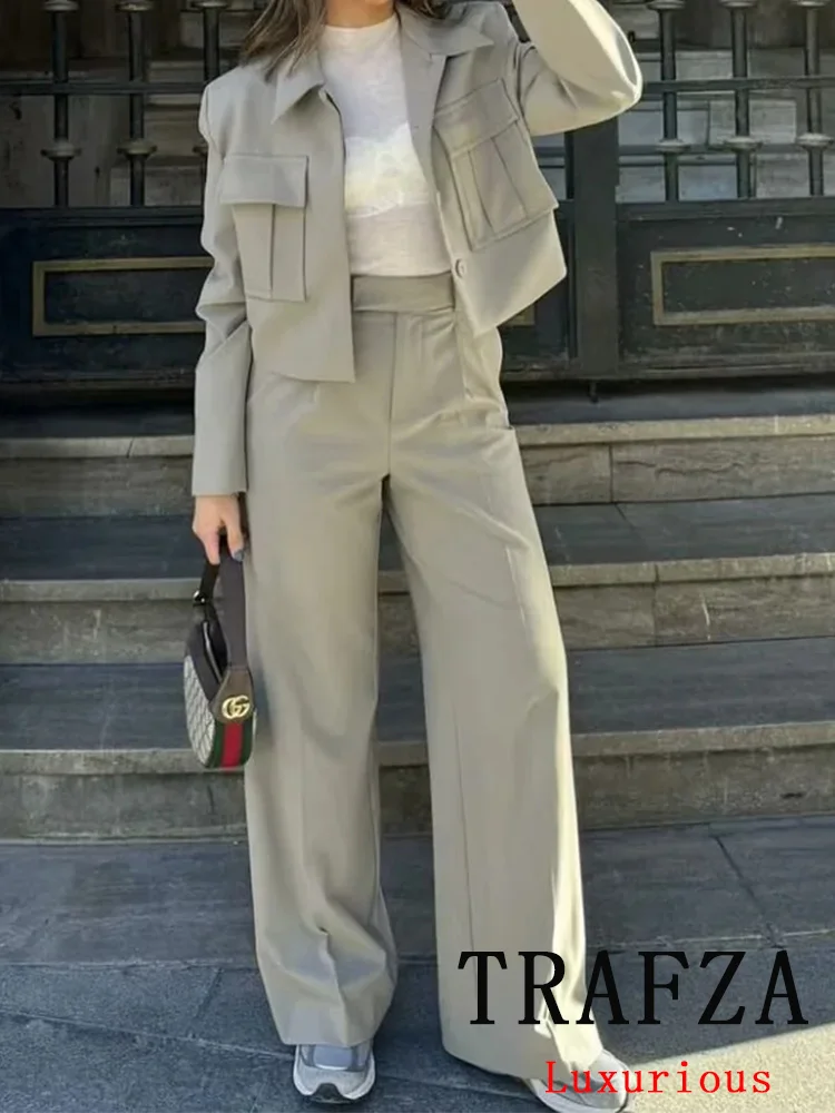 TRAFZA Vintage Casual Solid Women Suit Turn-down Collar Long Sleeve Pockets Jacket Loose Pants Fashion 2024 Spring Summer Sets