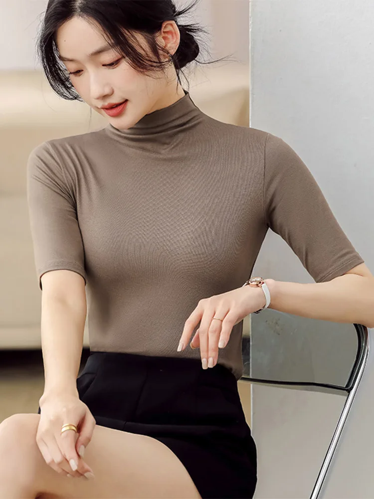 Half Turtleneck Milk Silk Tops Women Short Sleeve Slim T-Shirt Solid Color Basic Trend Bottoming Shirt High Street Women Blouse