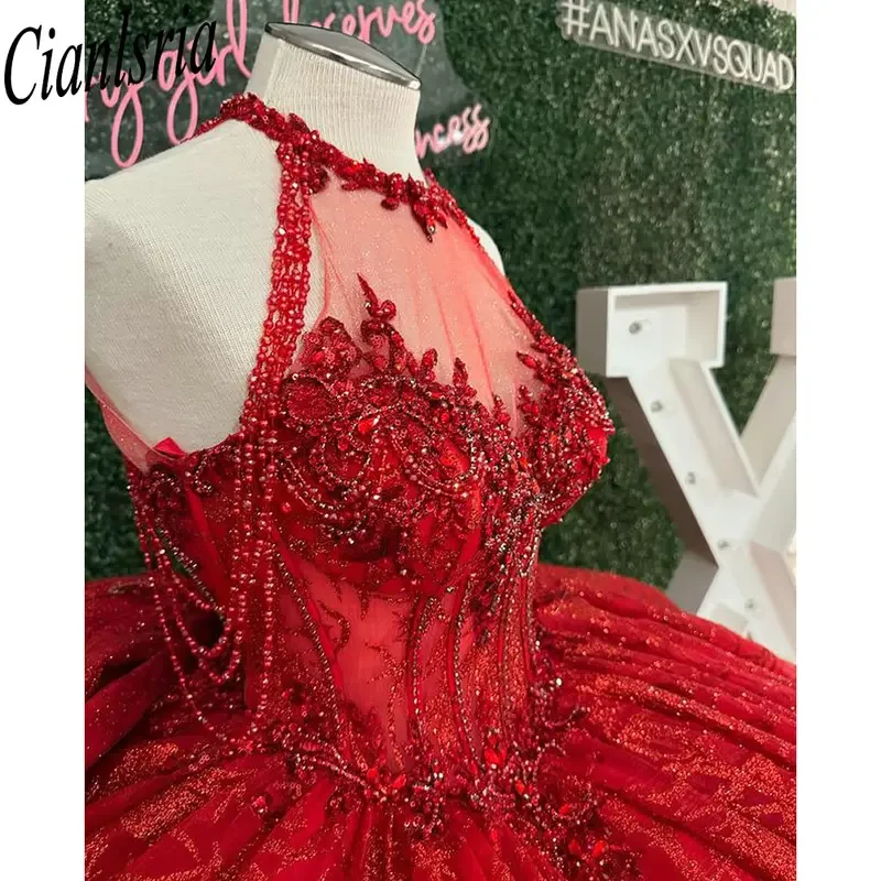 Vermelho halter beading borla quinceanera vestidos de baile sleepveless glitter cristal personalizado espartilho vestidos de xv anos