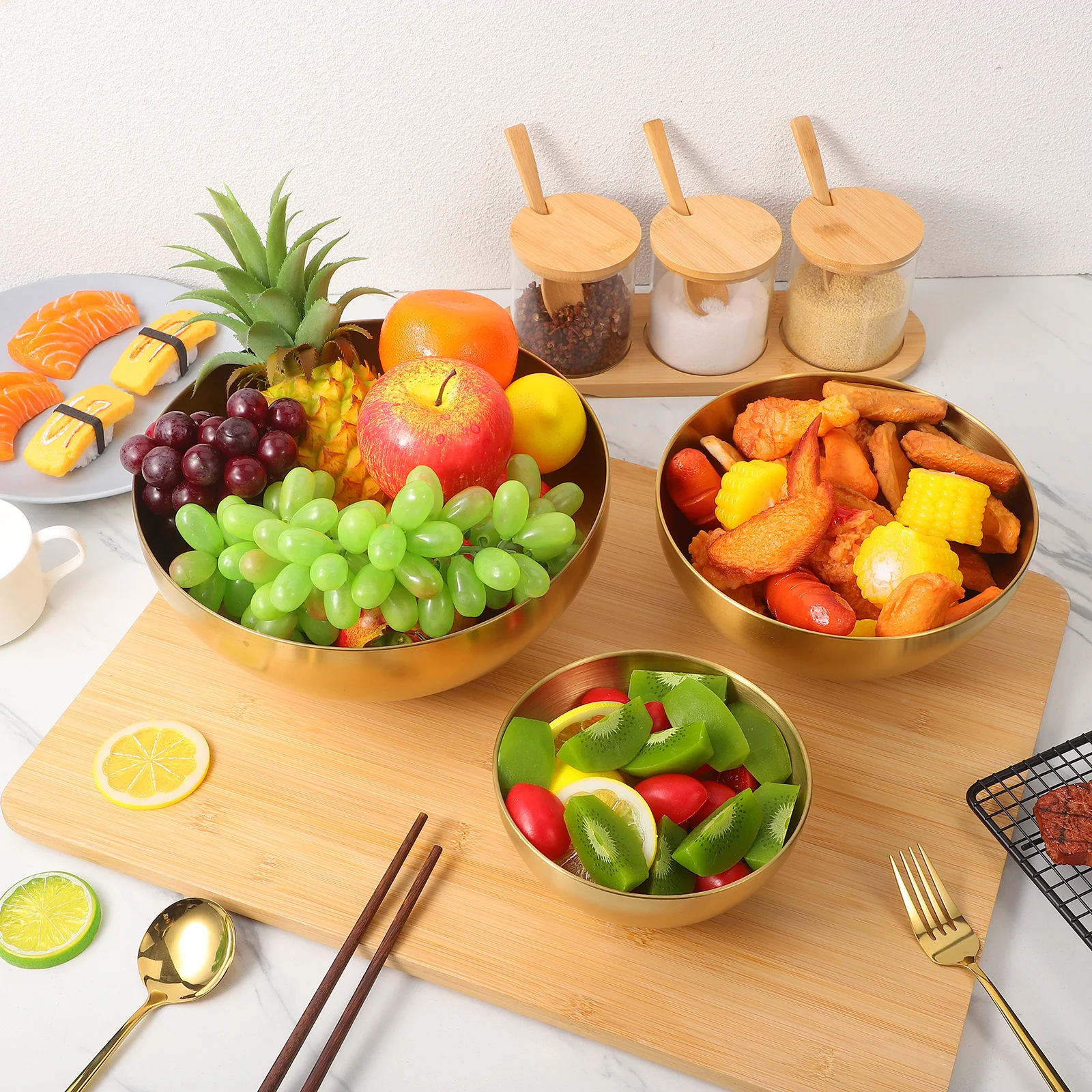 

3pcs Salad Bowl Set Stainless Steel Household Serving Bowls For Fruit Dessert Snack Daily Use Kitchen Food Accessories