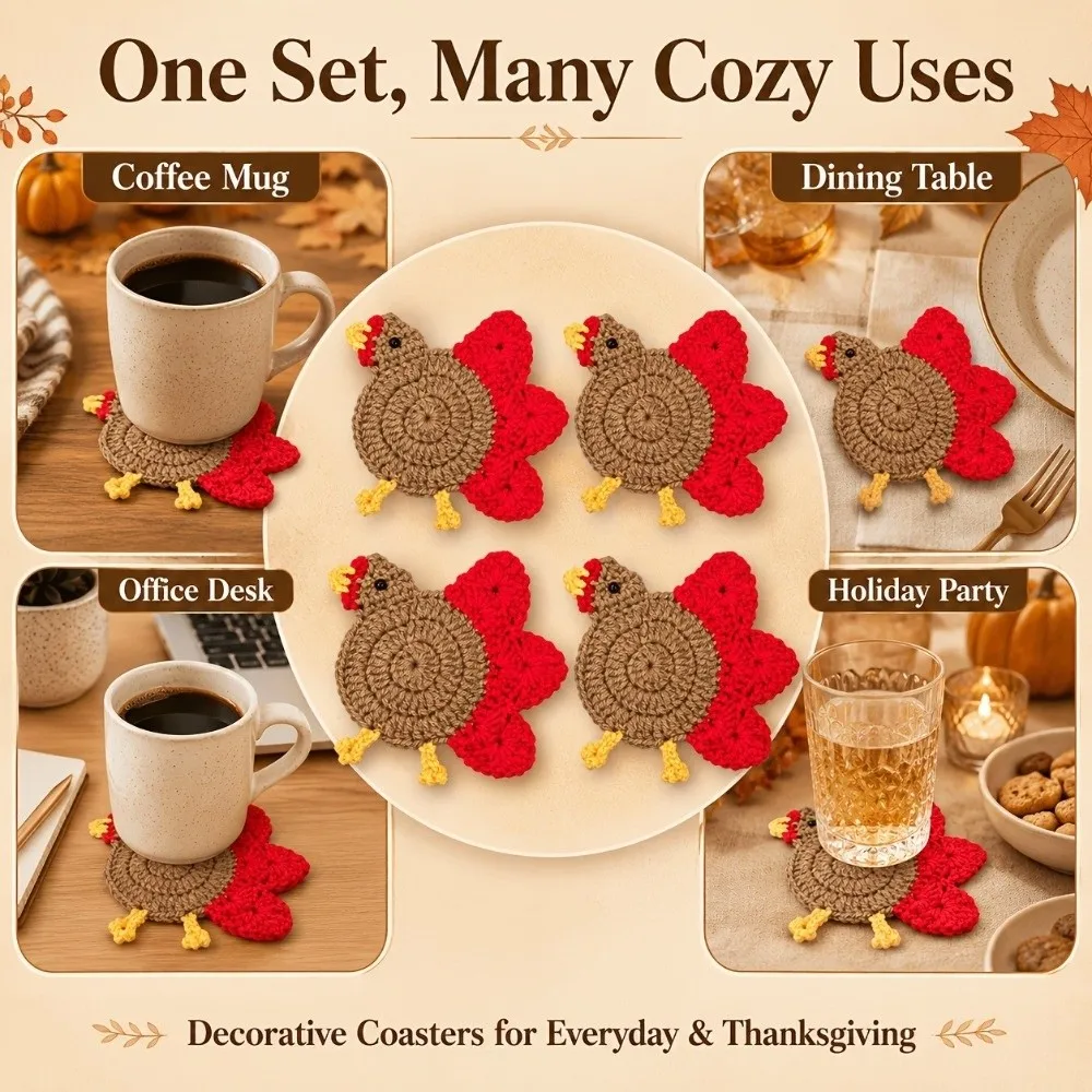 Coffee Cup Decor Handmade Hand-Crocheted Turkey Coasters Cartoon Creative Heat Insulation Pads Funny Chicken Coaster Farmhouse