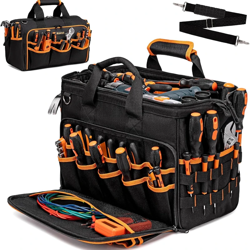 

17-Inch Electrician Tool Bags, 46-Pocket Heavy Duty Tool Bag, Foldable Hvac Tool Bag Organizer with Wide Mouth