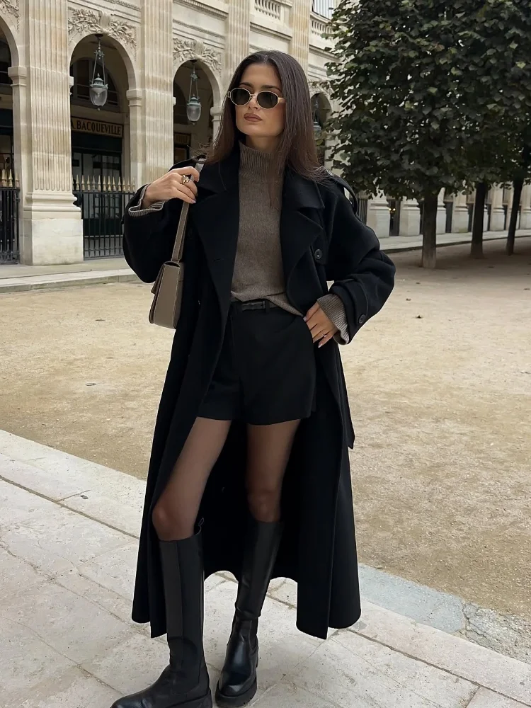 New Classic Black Belted Wool Blends Overcoat For Women Chic Full Sleeve Double Breasted Lapel Long Coat Ladies Loose Streetwear