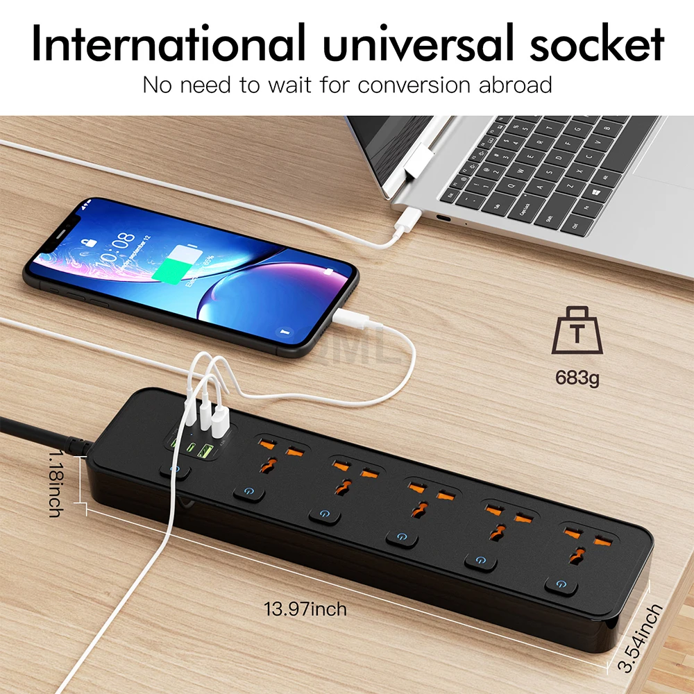 EU UK Plug 2M Extension Wire 5 Output Universal Power Socket Board 3250W 250V Power Strip with USB Port Network Filter Adapter