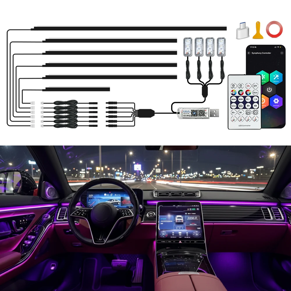 

Wireless APP Control RGB Car Interior Lights, Multicolor EL Wire Ambient Lighting Kit, Waterproof for Cars