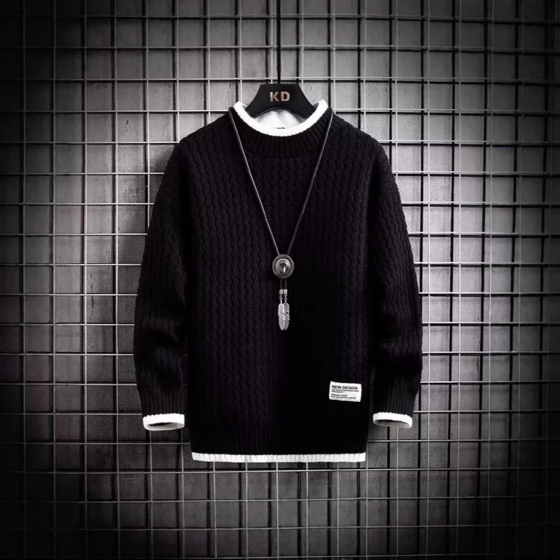 厚手の長袖ハーフハイカラーニットセーター、ティーン向け冬用暖かいトップス、2024年新作メンズファッション秋服