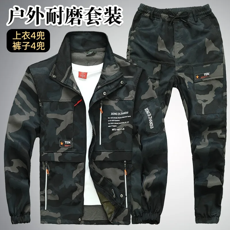 Men Camouflage Cargo Pants Wear Resistant Reinforced Crotch Elastic Waist Multi Pocket Work Trousers view 3