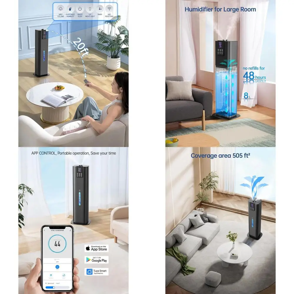 Large Room 8L Cool Mist Humidifier with Ambient Light, Top Fill, App & Remote Control, 3 Modes, Quiet Operation for Home and Off