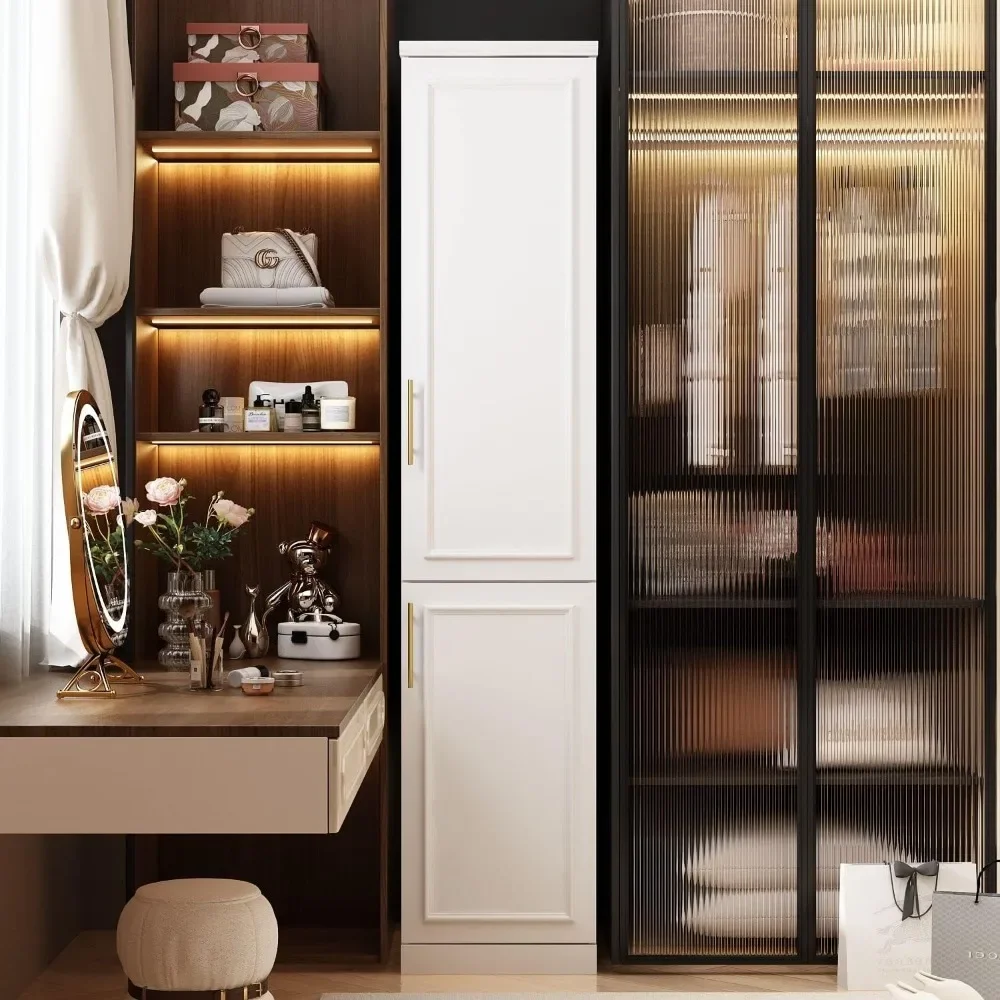

2 Door Wardrobe Tall&Narrow Armoire Wardrobe w/Hanging Rod, Gold Metal Handles, Closet for Bedroom (15.7”W x 19.3”D x 74.9”H)