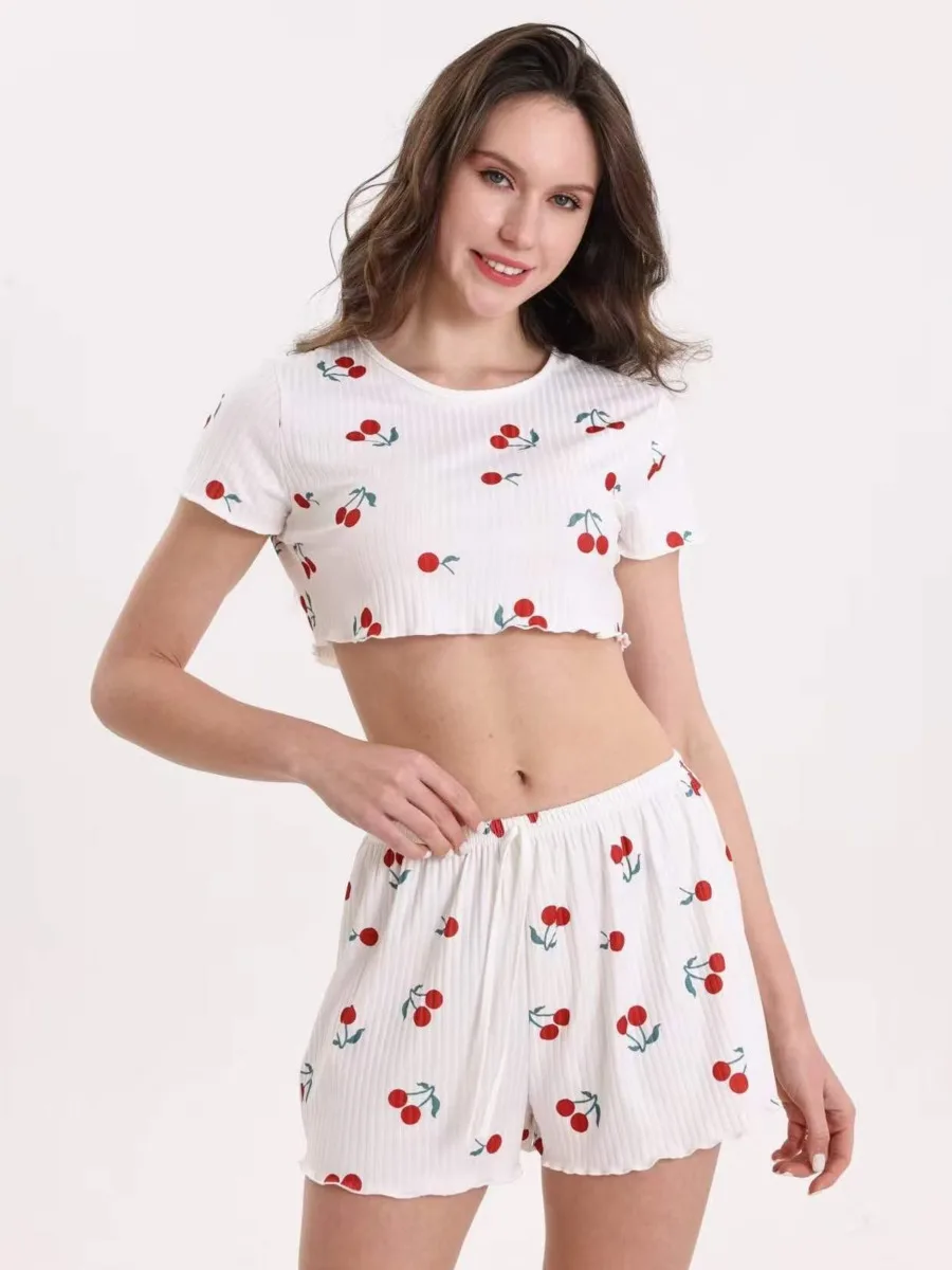 New Women's Homewear Printed Camisole Shorts Sets Casual Pure Desire Sexy Ribbed Wearable Women's Short Sleeved Shorts Sets 07LZ