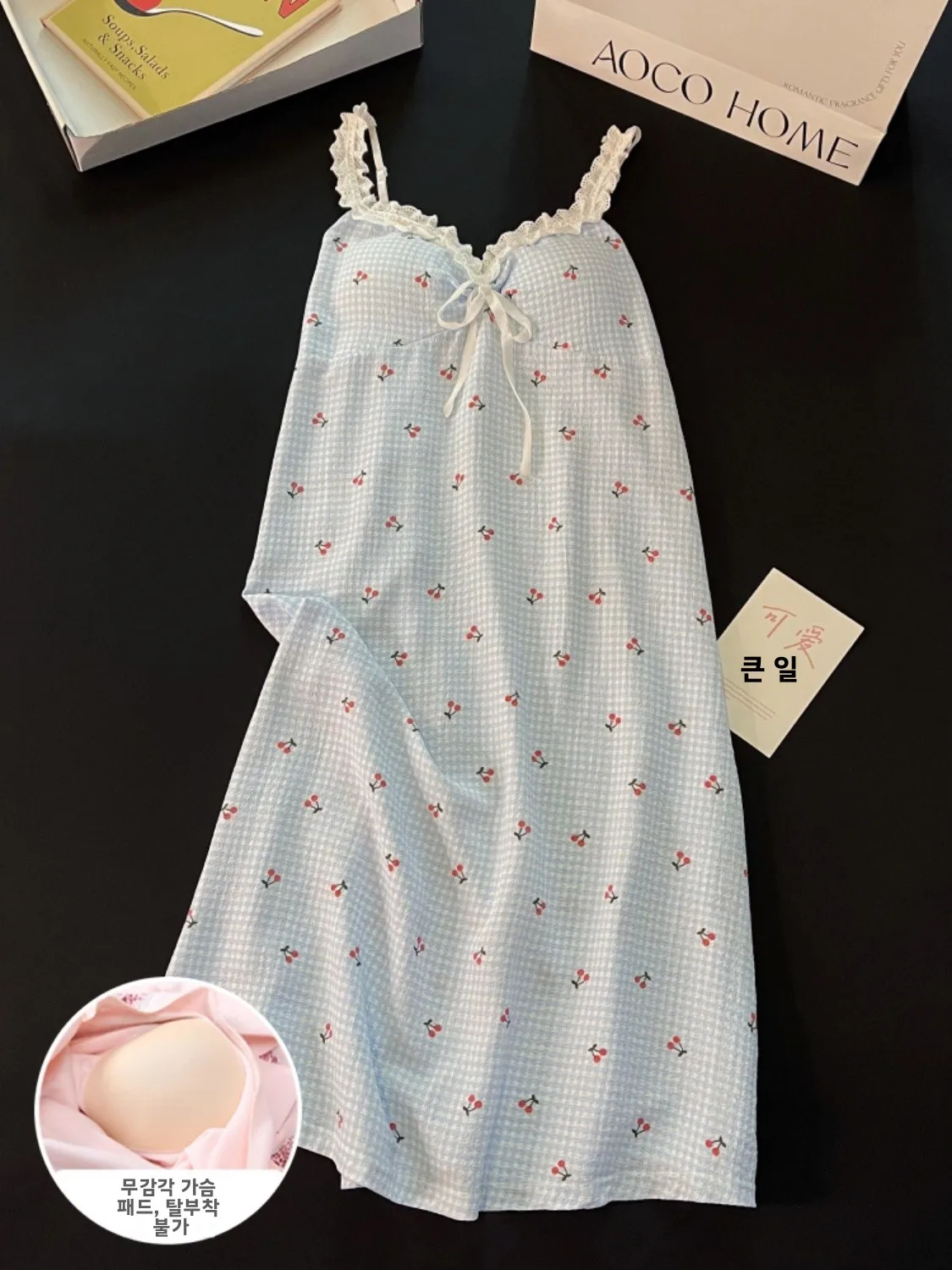 

Summer Spwear Cherry Pattern Bubble Cotton Women's Che with Chest Pad V-Ne Mid-Length Cover-Up Home Clothes