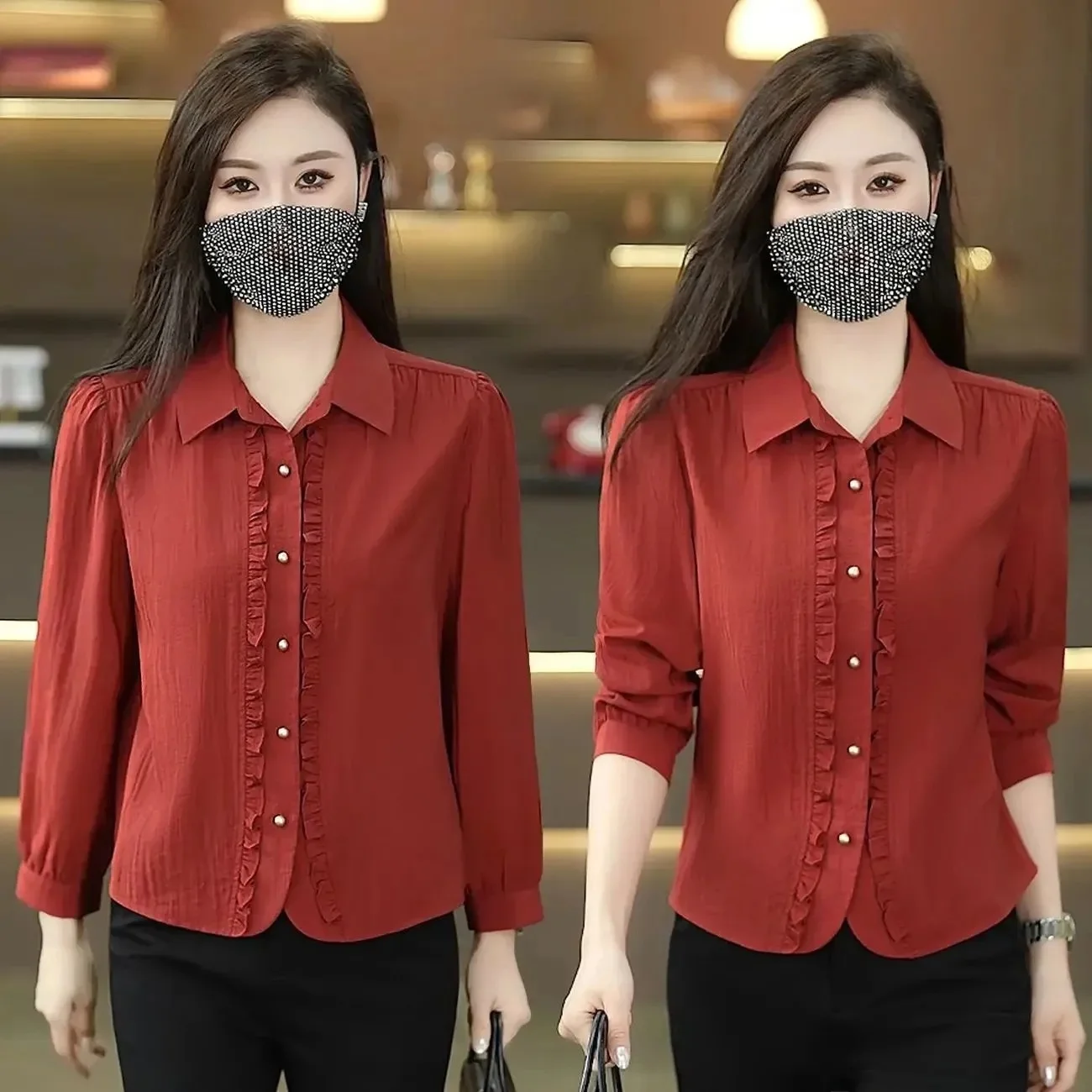 

Faionable Ruffle Sve Long irt Autumn New Sle Mom Chic Top Slimming Sli Agel Versatile Polyester Fiber Casual ...