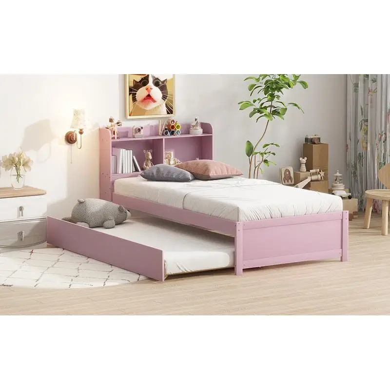 Letto singolo rosa con rotelle e libreria