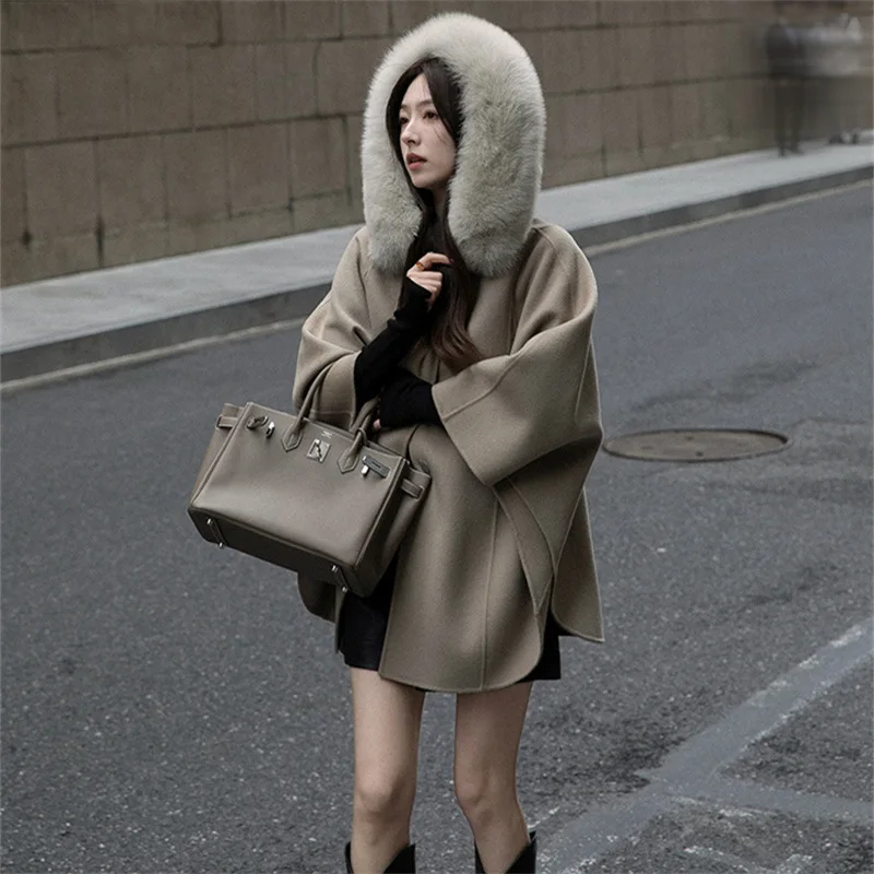 

CXFS 2025 Autumn Winter New Witch Cape Shawl Double-sided Cashmere Coat Women's Removable Fox Fur Collar Woolen Fur Coat