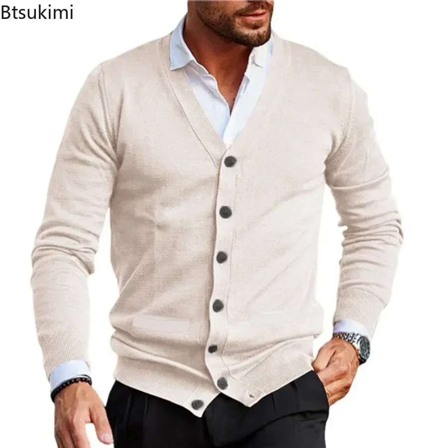 2025 suéteres de punto lisos para hombre Otoño Invierno manga larga cuello en V chaqueta cárdigan abotonada hombre de negocios Casual suéter ajustado abrigos