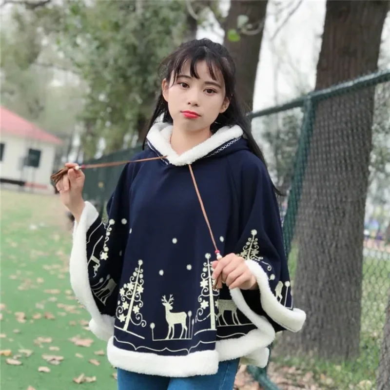 Hoodie Coat Winter Hooded Women Thick Velvet Poncho Cape Poncho Coat Cute Xmas Christmas Tree Elk Print Jacket Pullover Cloak