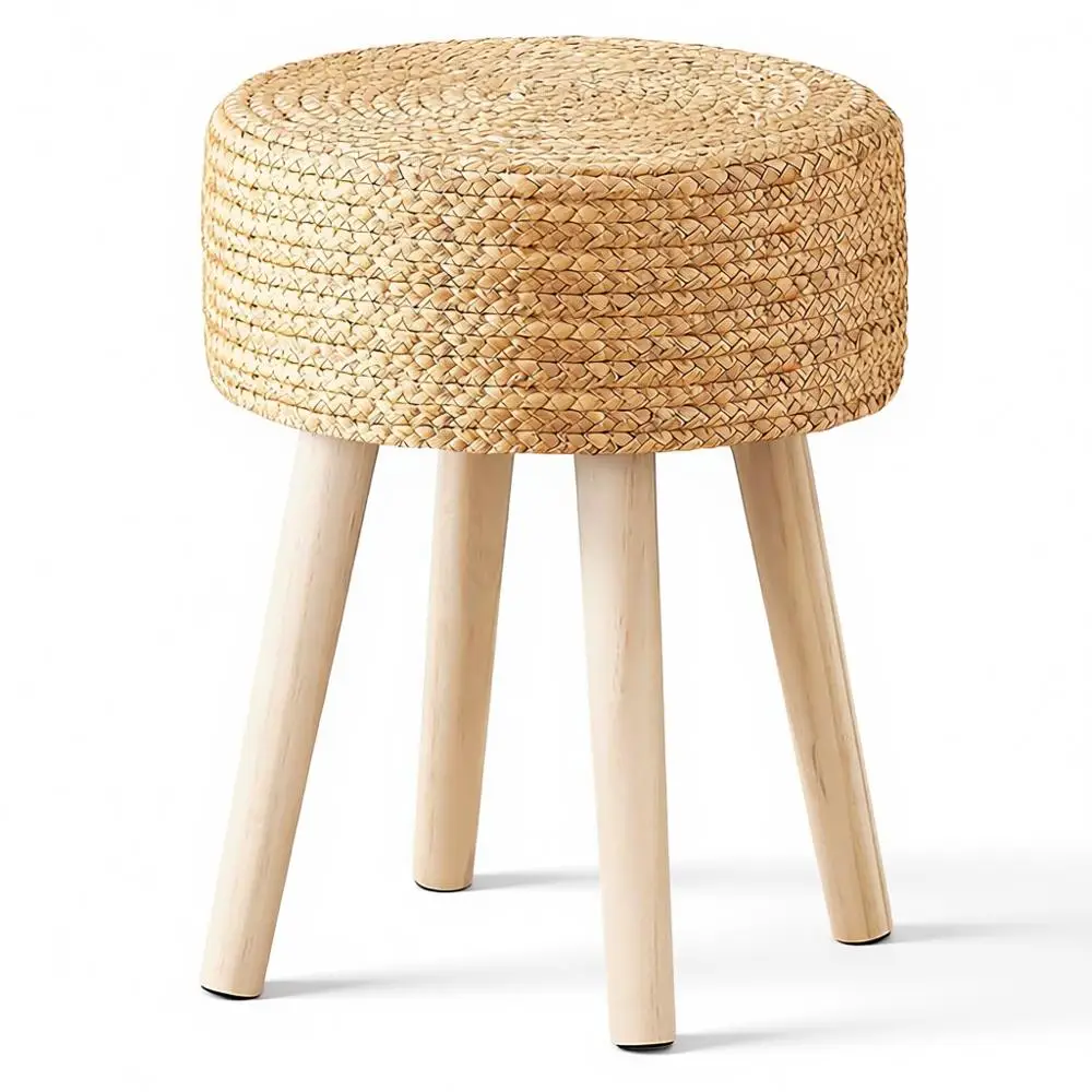 

Handwoven Natural Hyacinth Seagrass Ottoman with Solid Wood Legs, Ideal for Living Room, Balcony, or Garden
