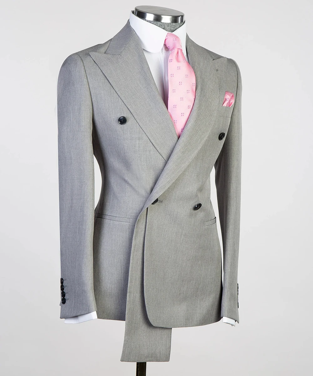 남성용 회색 비즈니스 정장, 웨딩 더블 브레스티드 프롬 블레이저, 맞춤형 2피스 신랑 디너 파티 웨딩 턱시도, 맞춤 제작
