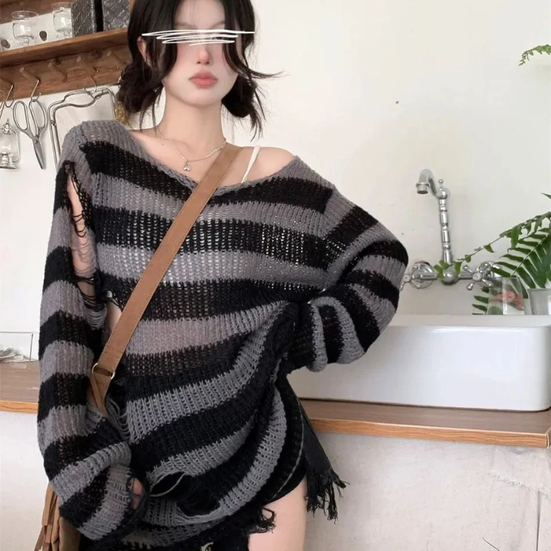 New Women Sexy Hollow Out Striped Long Sweaters Punk Gothic Cool Hole Broken Jumpers  Loose Rock Dark  Pullovers Sweater