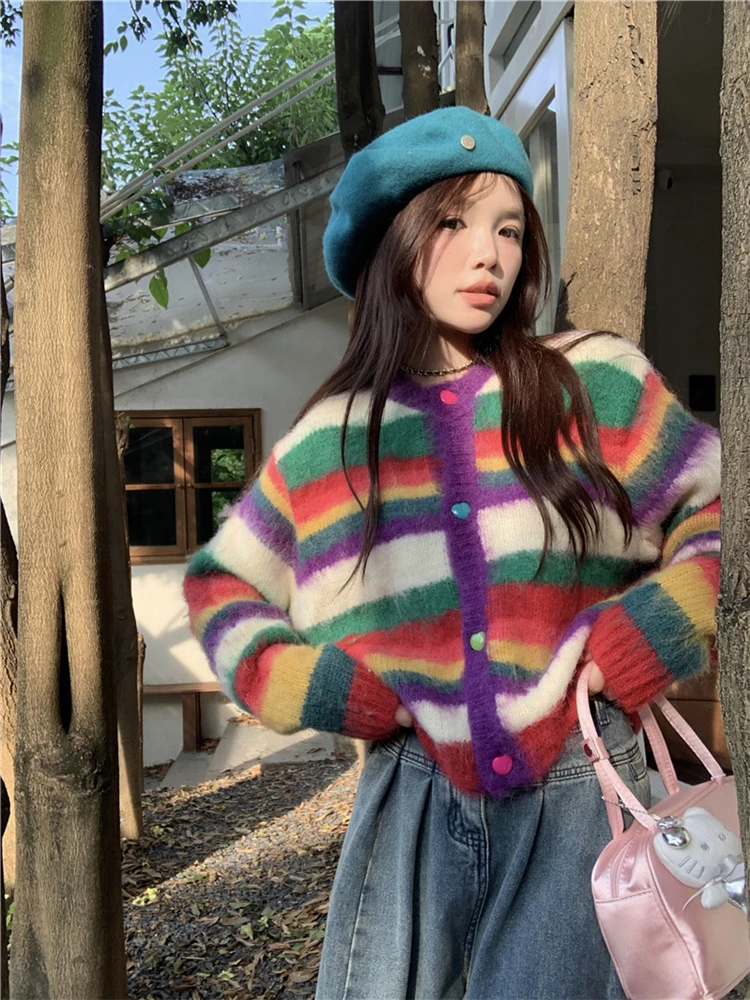 New 2024 Sweet Colorful Knitting Sweater Streetwear Autumn Winter Fashion Casual Cute Korean Sweater Pullover Women Thick Tops