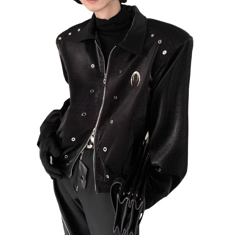 Spring Autumn Hong Kong Style Retro Niche Design Sense Metal Jacket Men's Premium Sense Loose Lapel Versatile Short Jacket Tide