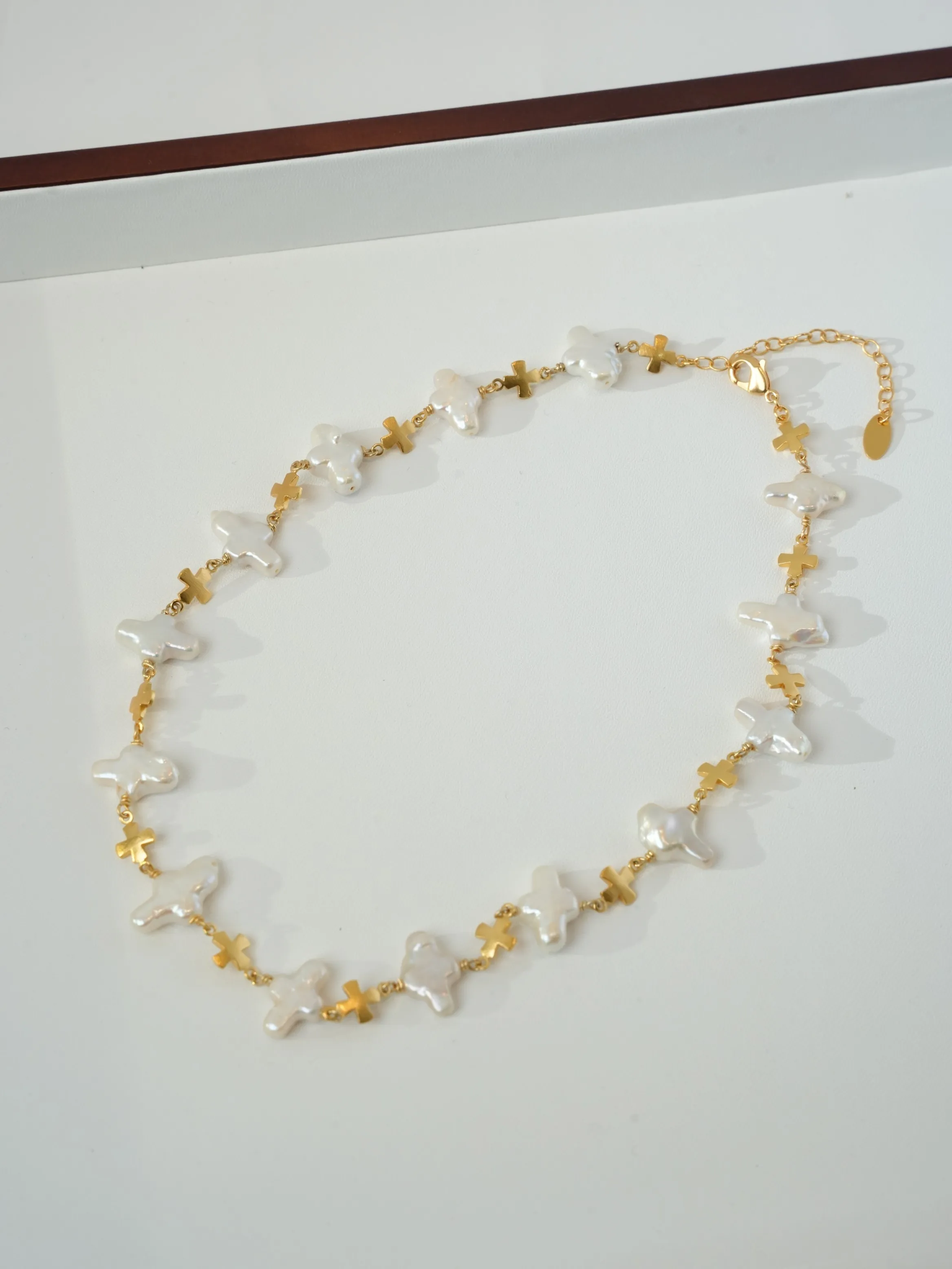 

【Free Shipping】High Quality 18K Gold Plated Jewelry Women's Stacking Design Vintage Baroque Pearl Cross Necklace