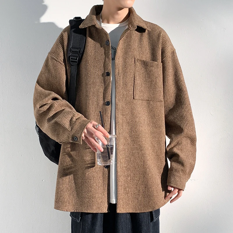 

Men's Corduroy Long Sve irt Loose Fit Pure Color Woolen Jaet Coat Spring Autumn American Retro Sle Faionable Outer...