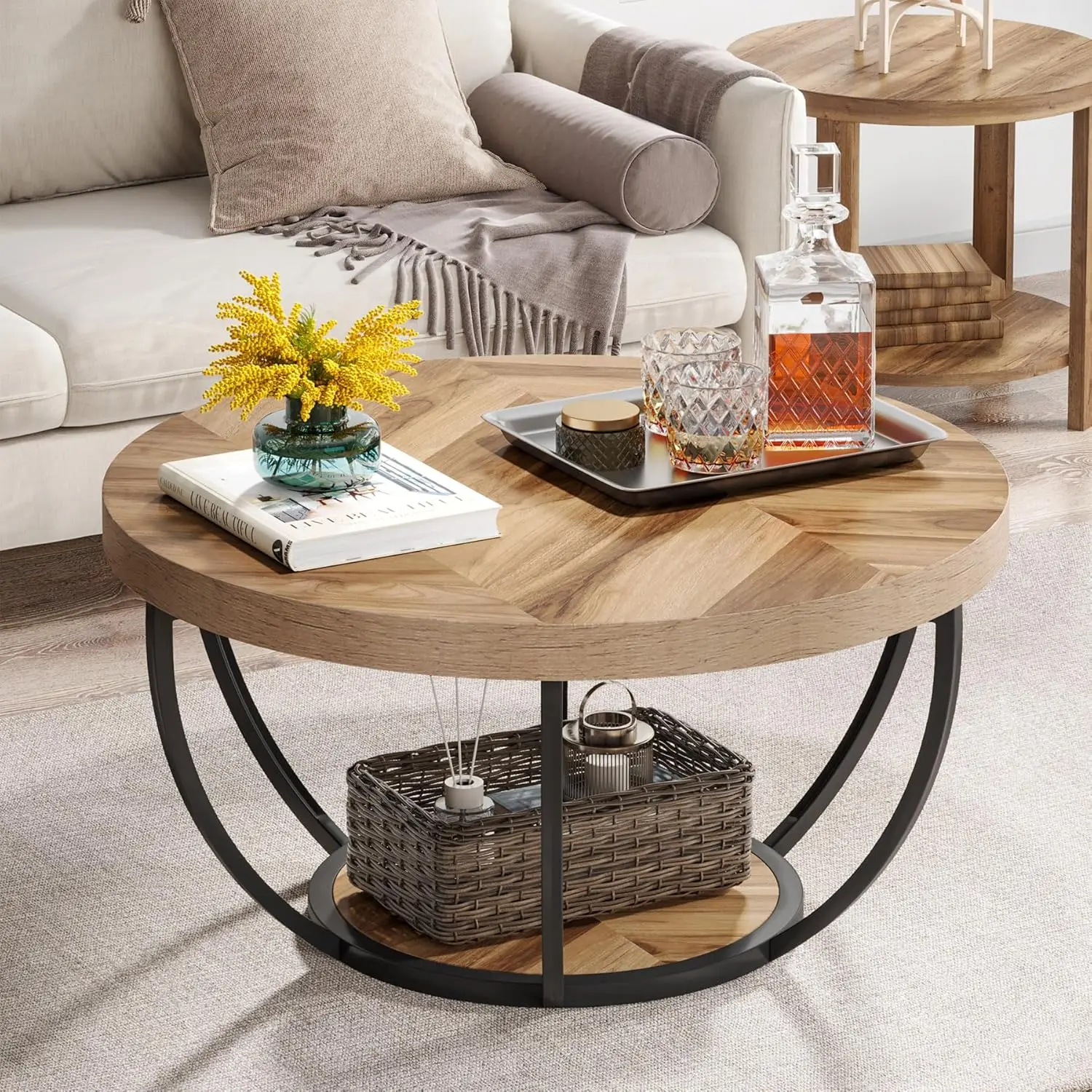 

31.7" Round Coffee Table, Industrial 2-Tier Circle Coffee Table with Storage Shelves, Modern Wooden Accent Center Table Sofa