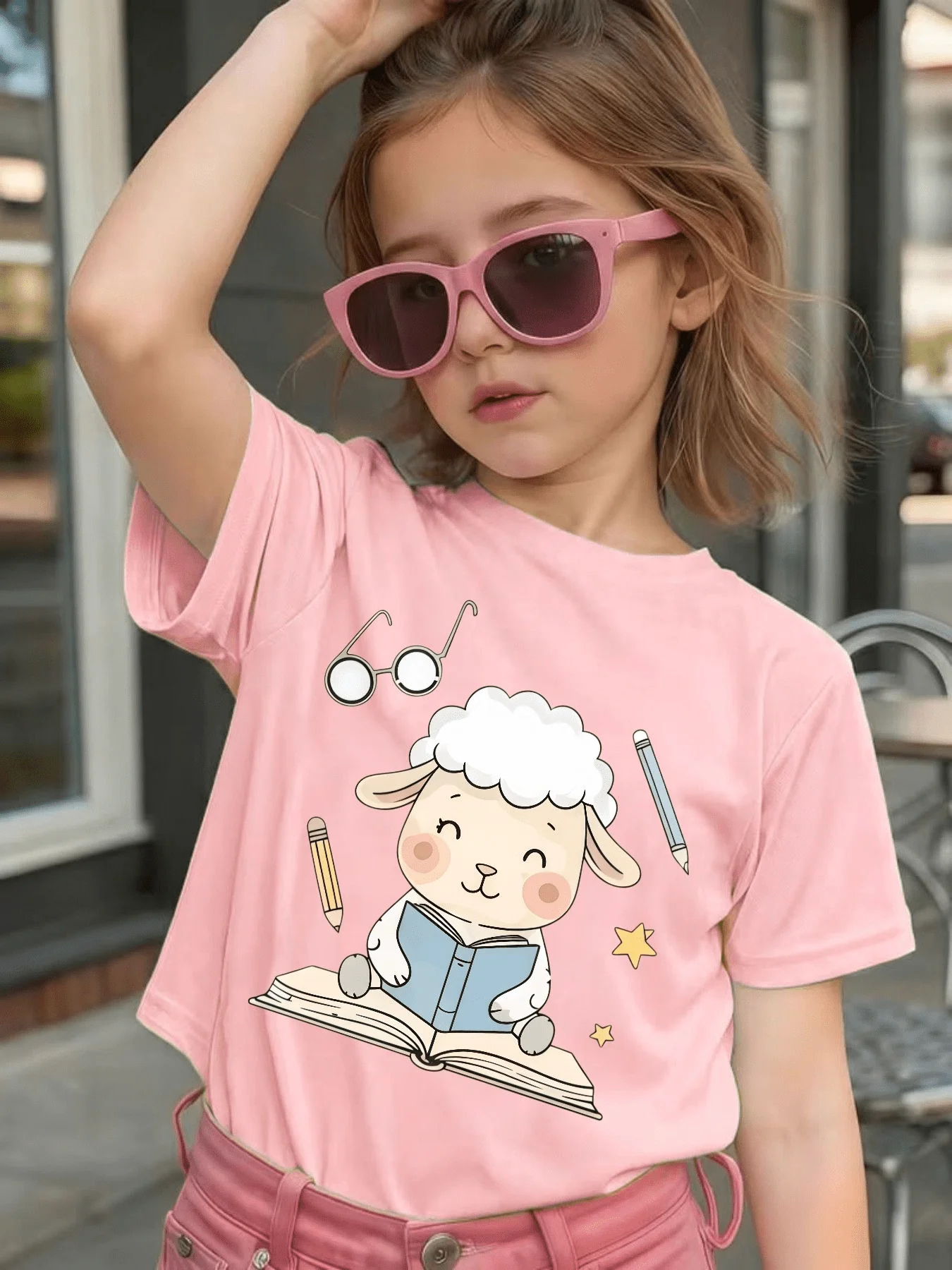 Cute Reading Sheep With Book Cartoon Graphic Kids Tee Boys Girls Family Matching Cotton Crew Neck Short Sleeve Soft Summer Tee