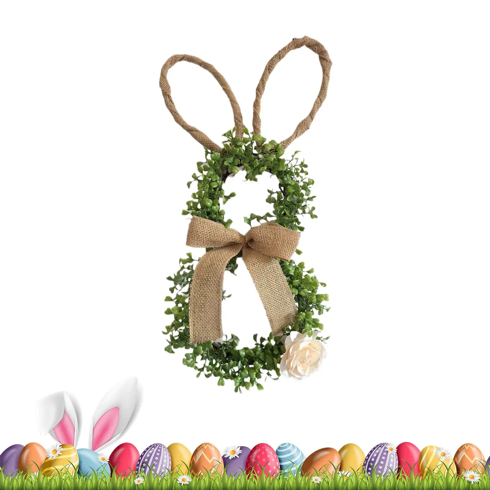 

Пасхальный венок с искусственными кроликами в весеннем стиле, украшенный зеленью, цветами и бантом для двери дома.