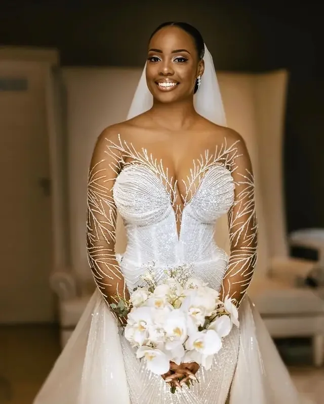 맞춤형 아랍어 화이트 인어 웨딩 드레스 페르시 스팽글 레이스 섹시한 멋진 신부 가운 드레스