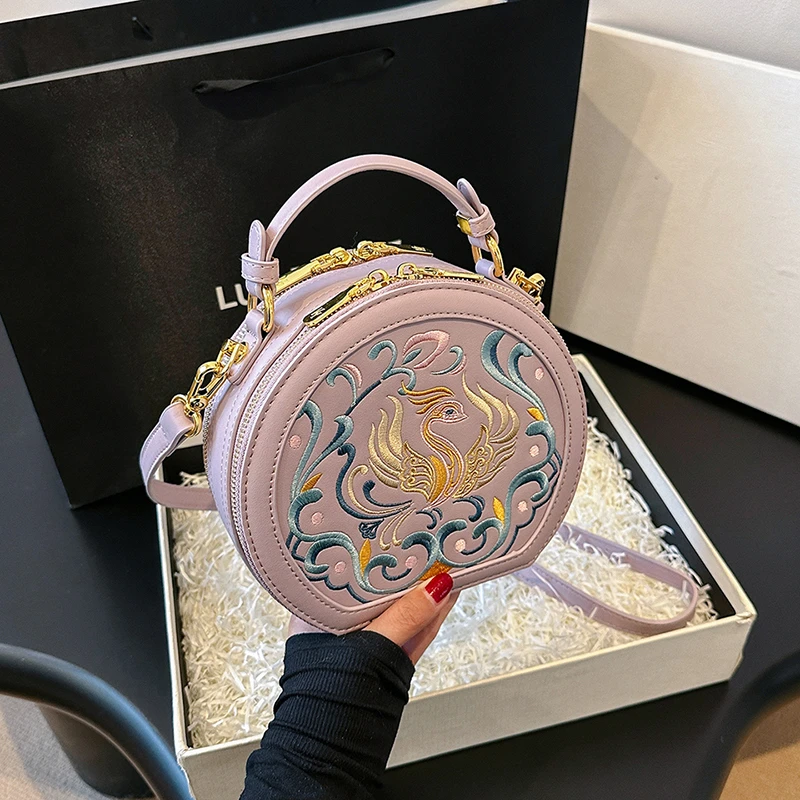 

Fashion Embroidery Circular Crossbody Bags 2025 New High Quality Bags for Women Zipper Pu Trend Women's Shoulder Bags