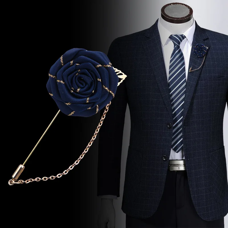 Ceremony Wedding Prom Corsage Flower Polyester Rose Bride Groom Flowers Fake Gold Chain Brooch Pins Artificial Flower Buttonhole