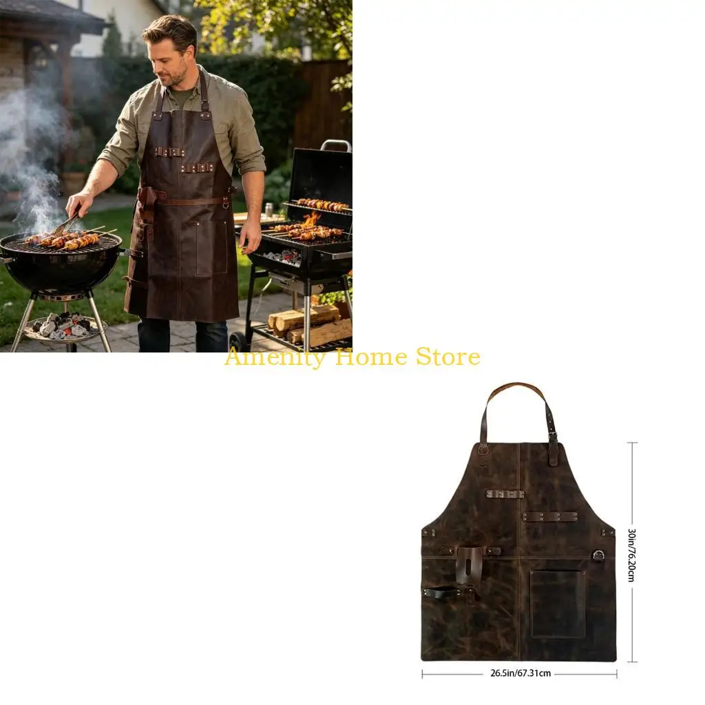 F26C Individualized Waist Brown Leather Apron For Kitchen Gardening DIY