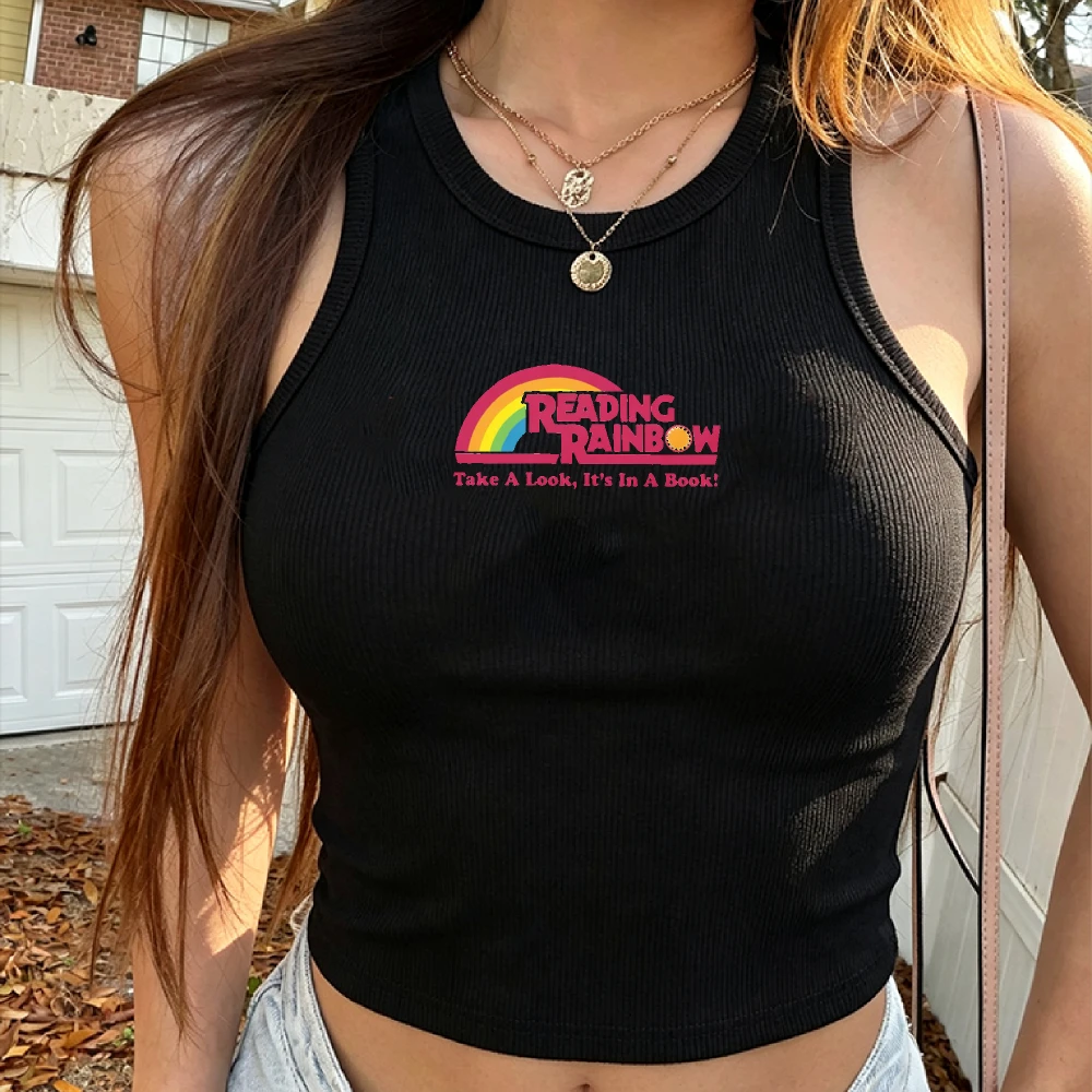 Retro Reading Rainbow T-Shirt Take A Look Its in A Book Black Ribbed Crop Top Fitted Tank Style Teacher Librarian Appreciation view 2