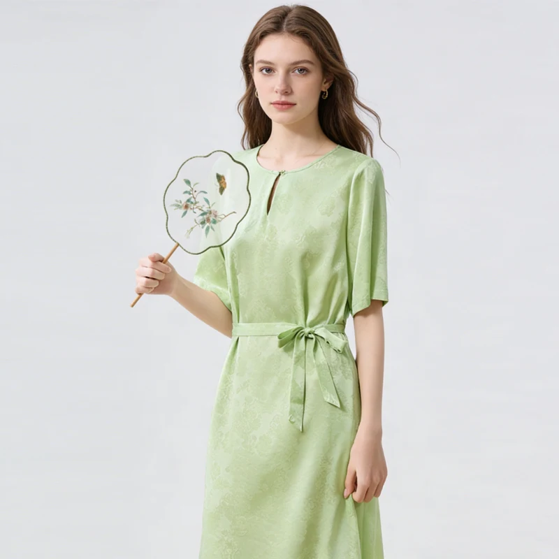2026Women's Fashion Summer New 19MM 91.8%Natural Mulberry Silk Jacquard Elastic Satin Round Neck Short Sleeve Simple Strap Dress