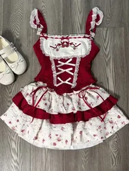 Japanese Sweet Floral 2 Piece Set Women Vintage Red Lace Halter Tops + Kawaii Bow Mini Skirt Summer Preppy Hot Girl Skirt Suits