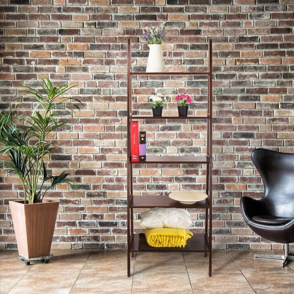 Casual Home Librería con escalera de 5 estantes de madera maciza 100%, 24,75 ancho x 16 profundidad x 72 alto, marrón cálido, estante con escalera independiente de 5 niveles