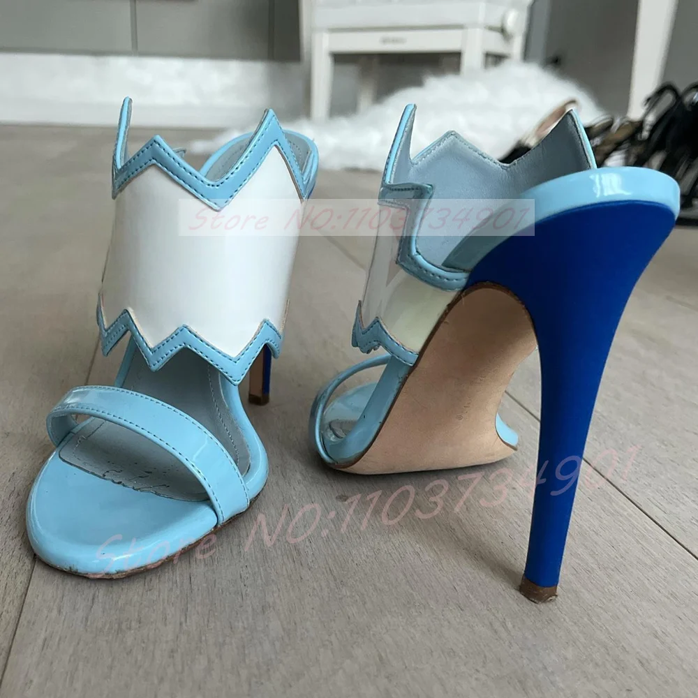 Blue Two-Tone White Zigzag Trim Mules Women Patent Leather Color-Block Open Toe High Heels Shoes Nifty Fashion Stiletto Mules