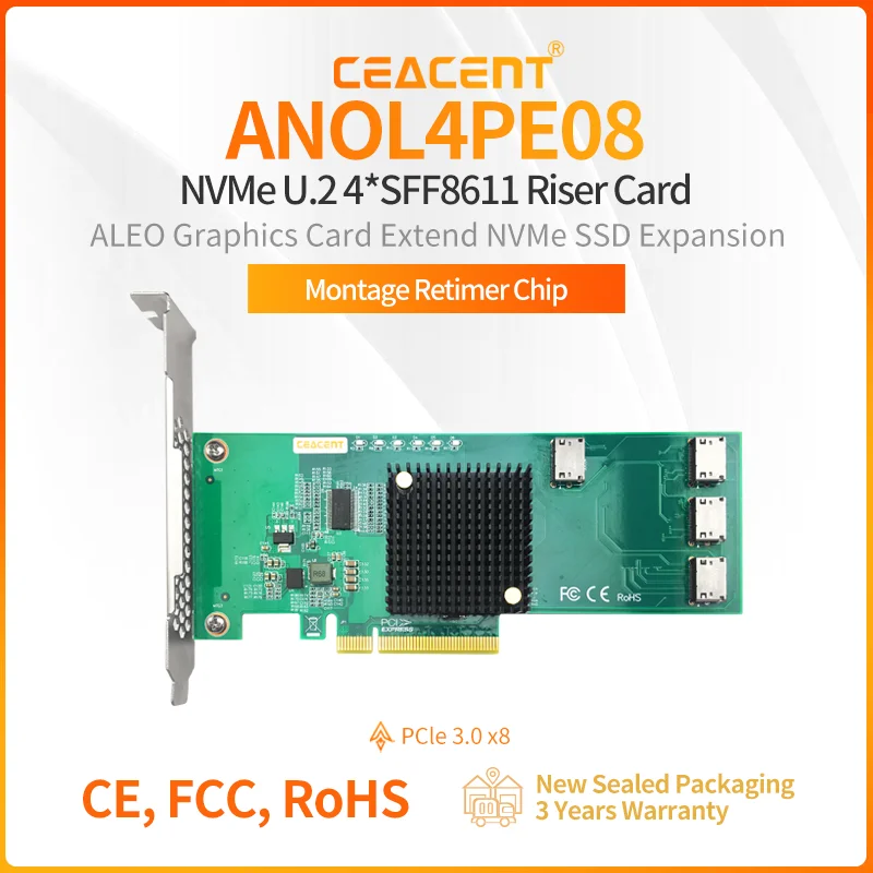 

CEACENT ANOL4PE08 NVMe U.2 to PCIe Adapter, 4 Port Oculink SFF-8611 with PCIe Swith Chip, No Motherboard PCIe Bifucation Need