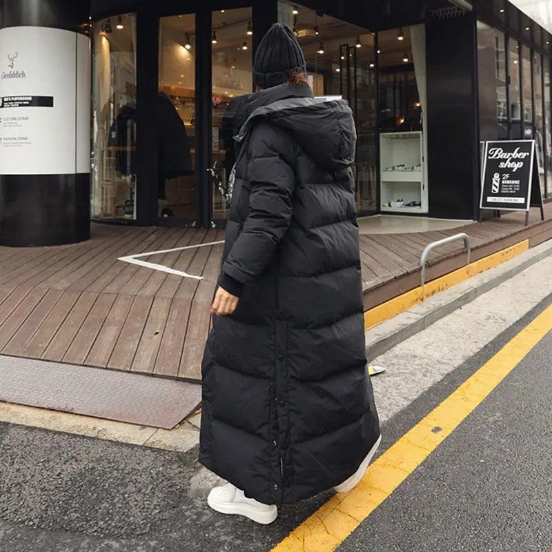 Down Parka Jacket Winter Black Extra Long Over Knee Jacket Women\'s Hooded Solid Color Pocket Thickened Warm Jacket Coat Women