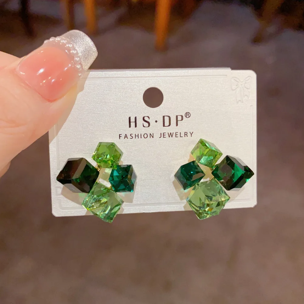 Geometric Emerald Green Geometric Cube Cluster Stud Earrings Multi Faceted Refraction Crystal Aesthetic Modern Ear Decor
