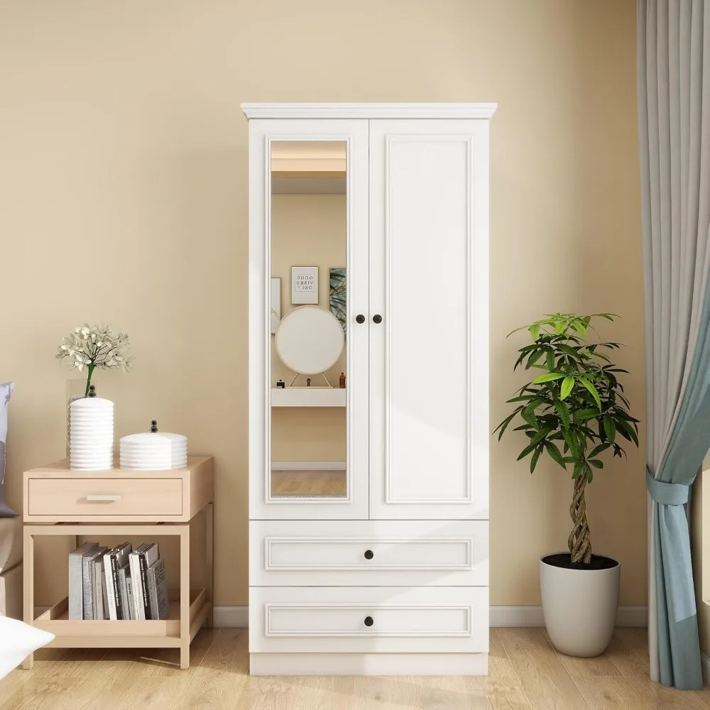 

Wardrobe with Mirror, Double Door with Drawer, Bedroom Wardrobe with Hanger, Suitable for Bedrooms Closet Organizer