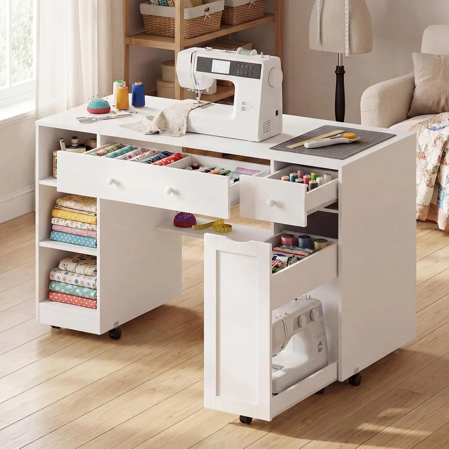 Rolling Craft Sewing Table with Storage Drawer, Open Cubes & Adjustable Shelves, Custom