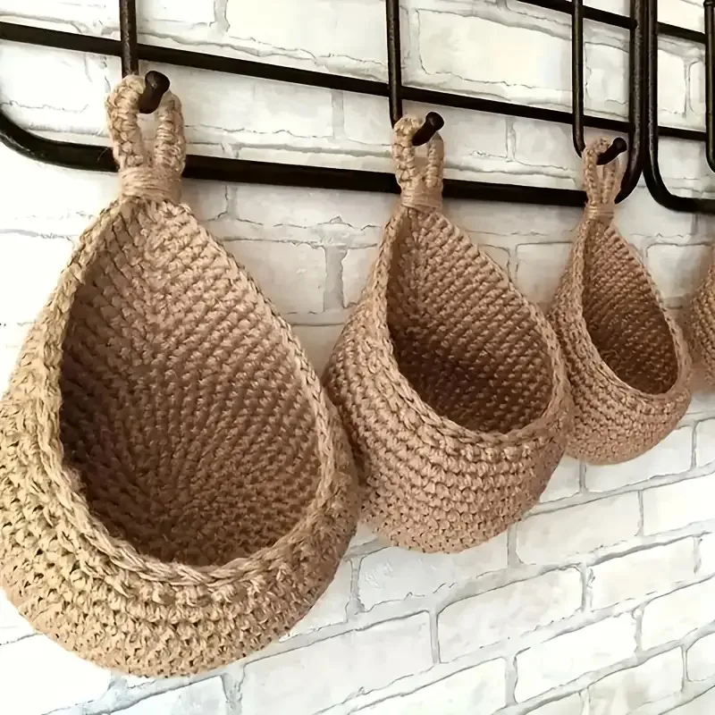 Bohemian-Style Handwoven Rope Wall-Mounted Storage Basket 3-Piece Set—Multifunctional Hanging Storage Baskets