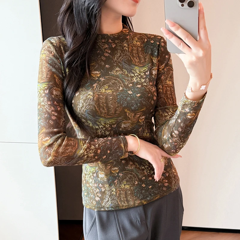 Y2K Top da donna alla moda con collo alto stampato a maniche lunghe in rete ad alta elasticità autunno inverno
