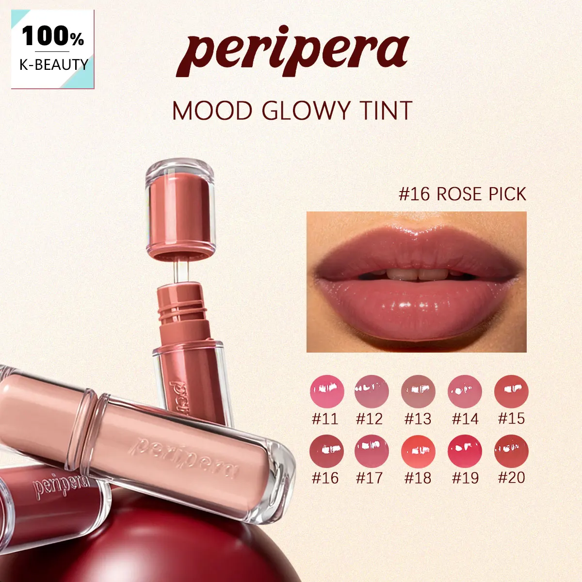 PERIPERA MOOD GLOWY TINT 11-20, Hidratante y No Resecante, Mezcla Natural, Hidratación Brillante, Cosmético Coreano, Maquillaje Coreano